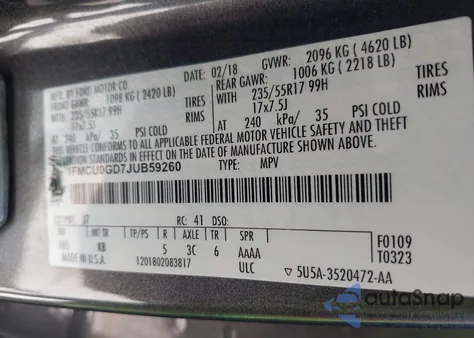 2018 Ford Escape Se z USA, uszkodzony, nr VIN 1FMCU0GD7JUB59260